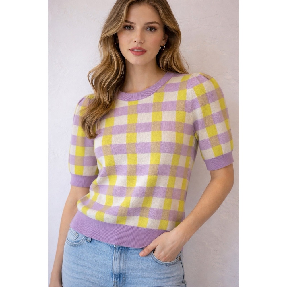 Maeve Anthropologie Harmon Sweater Tee Womens Lavender Lime Gingham Size M